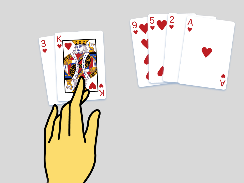 Figura 1: Mano mostrando dos cartas: Tres y Rey de corazones a la izquierda.